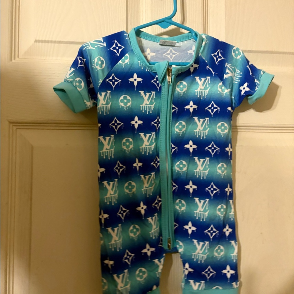 Blue and White Geometric Bodysuit with Zipper